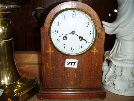 Edwardian mahogany & floral marquetry mantel clock, the cylinder movement signed Japy Freres